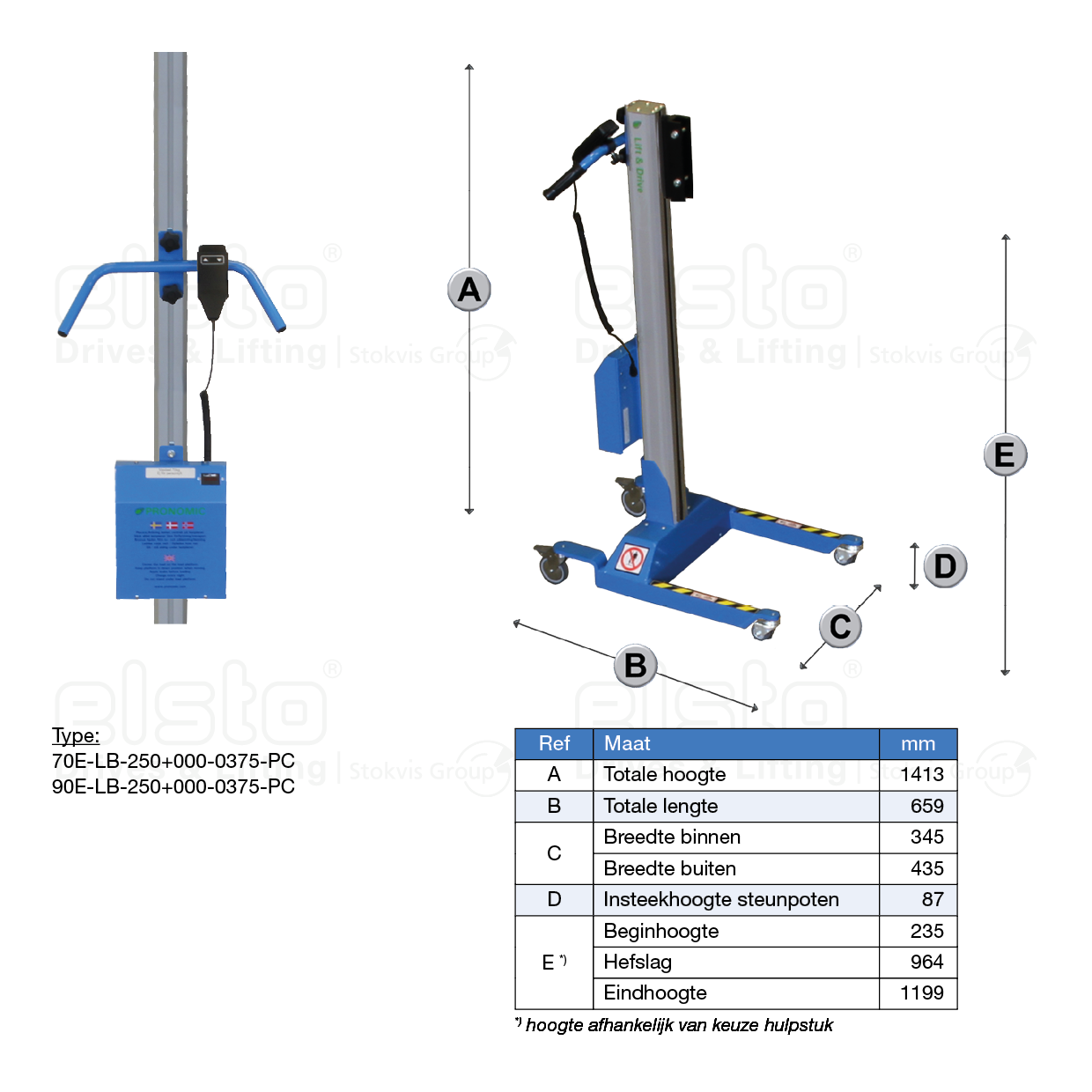 Maatschets Pronomic Bären hefwagen type 70E+90E-LB-250+000-0375-PC met hefslag 964mm - lengte 659mm - breedte 435mm - uitvoering Laagbouw en afwerking Poeder coating